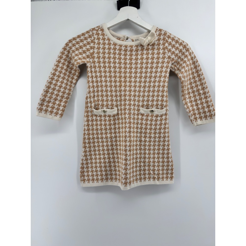 Hope & Henry Girls Houndstooth Organic Cotton Knit Sweater Dress Tan Cream XS
